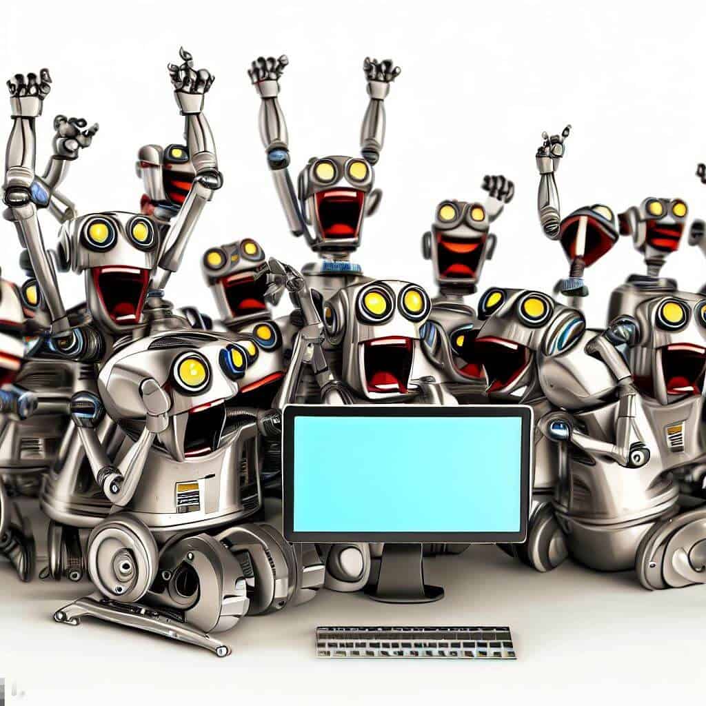 AI generated image of happy robots around a computer screen