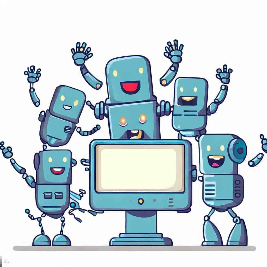 AI generated image of Excited robots around a computer screen