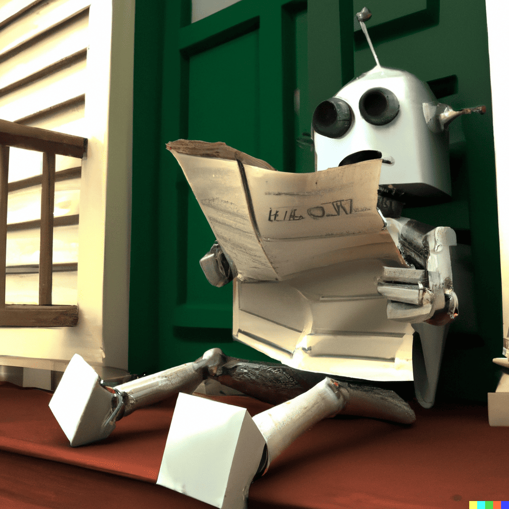 DALL·E-a sad robot reading the newspaper on his front porch