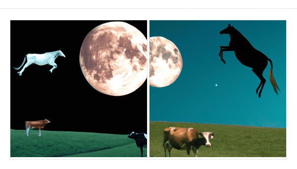Horse jumping over the moon while a confused cow stands and watches